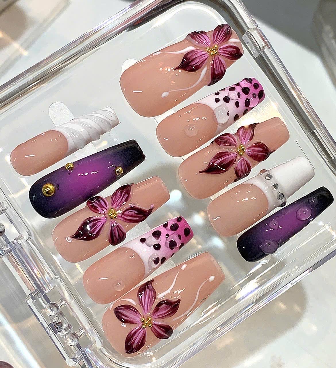 3D Floral Press On Nails | Burgundy Flower, Purple Ombre