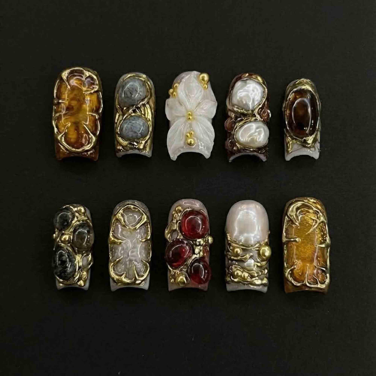Handmade Baroque Jewel Press On Nails | 3D Gold Chrome, Amber, Ruby & Pearl | Medium Square For Dark Academia Luxury Vibes