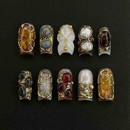 Handmade Baroque Jewel Press On Nails | 3D Gold Chrome, Amber, Ruby & Pearl | Medium Square For Dark Academia Luxury Vibes