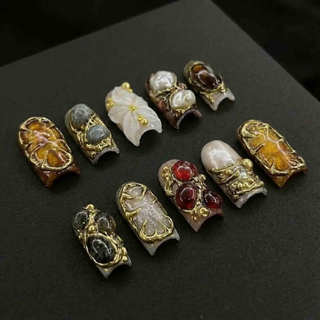 Handmade Baroque Jewel Press On Nails | 3D Gold Chrome, Amber, Ruby & Pearl | Medium Square For Dark Academia Luxury Vibes