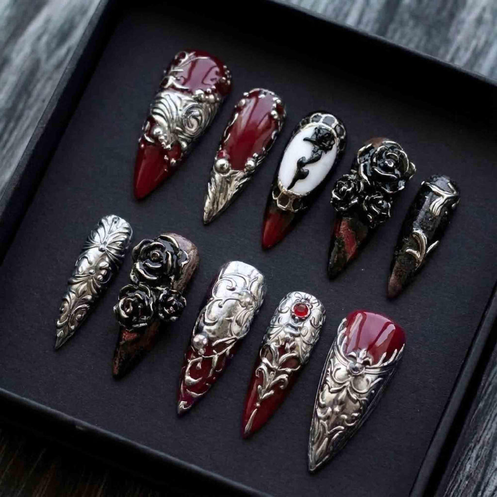 Handmade Gothic Baroque Press On Nails | 3D Silver Filigree, Gems & Black Roses | Long Stiletto For Dark Vampy Luxury Vibes