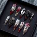 Handmade Gothic Baroque Press On Nails | 3D Silver Filigree, Gems & Black Roses | Long Stiletto For Dark Vampy Luxury Vibes