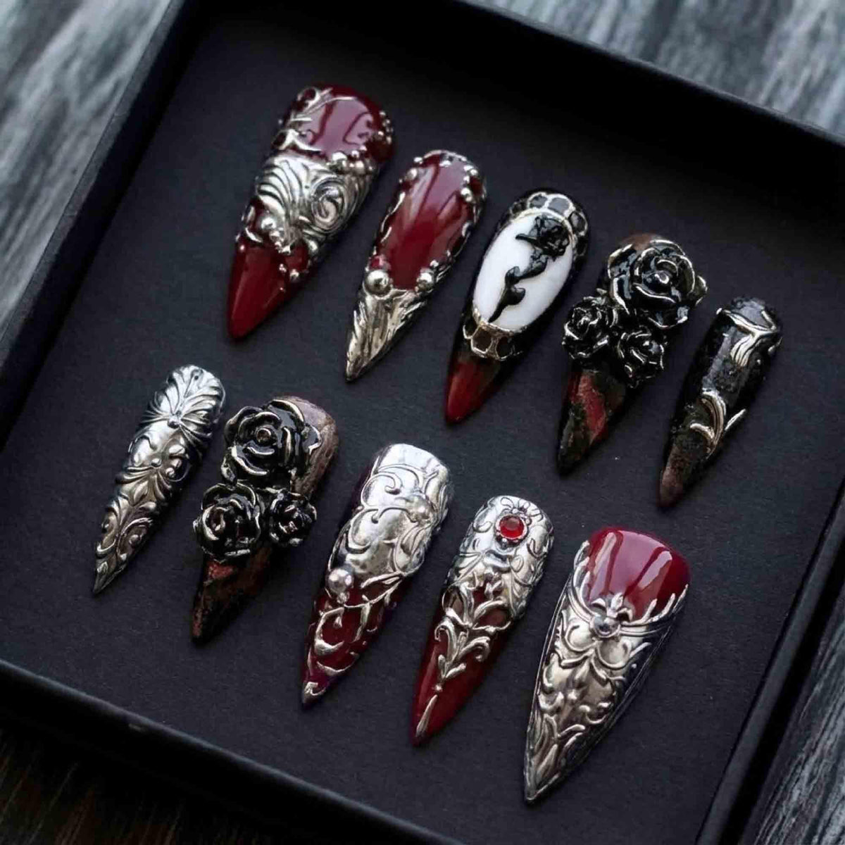 Handmade Gothic Baroque Press On Nails | 3D Silver Filigree, Gems & Black Roses | Long Stiletto For Dark Vampy Luxury Vibes