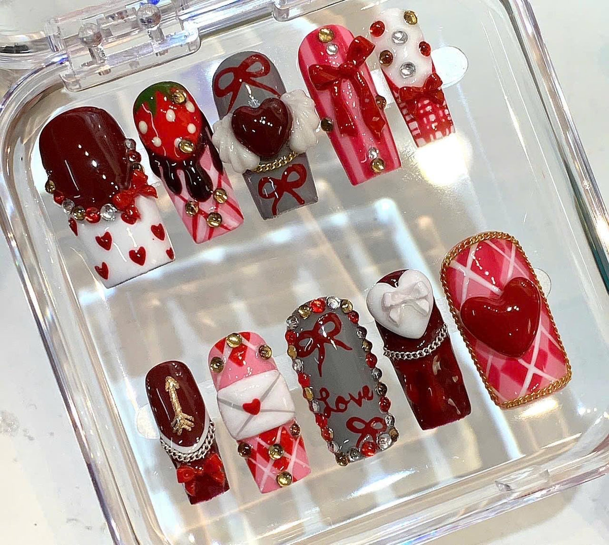 Valentine Press On Nails | Red Pink Heart Nails | Love Bow Chocolate Nail Art