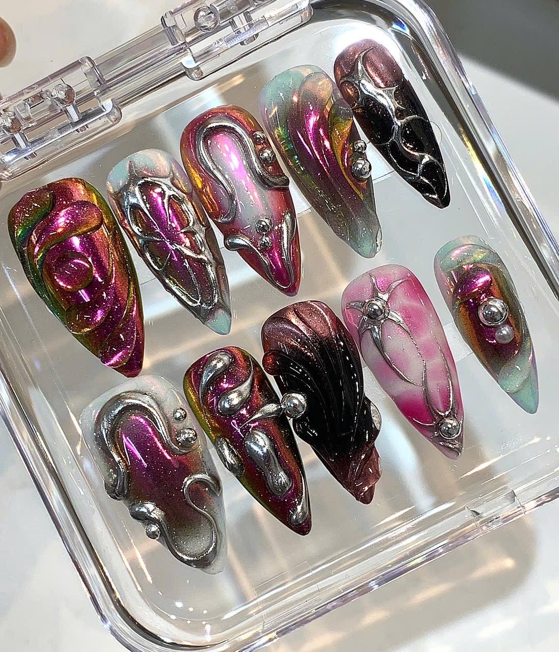 3D Chrome Press On Nails | Metallic Galaxy Aura, Handmade