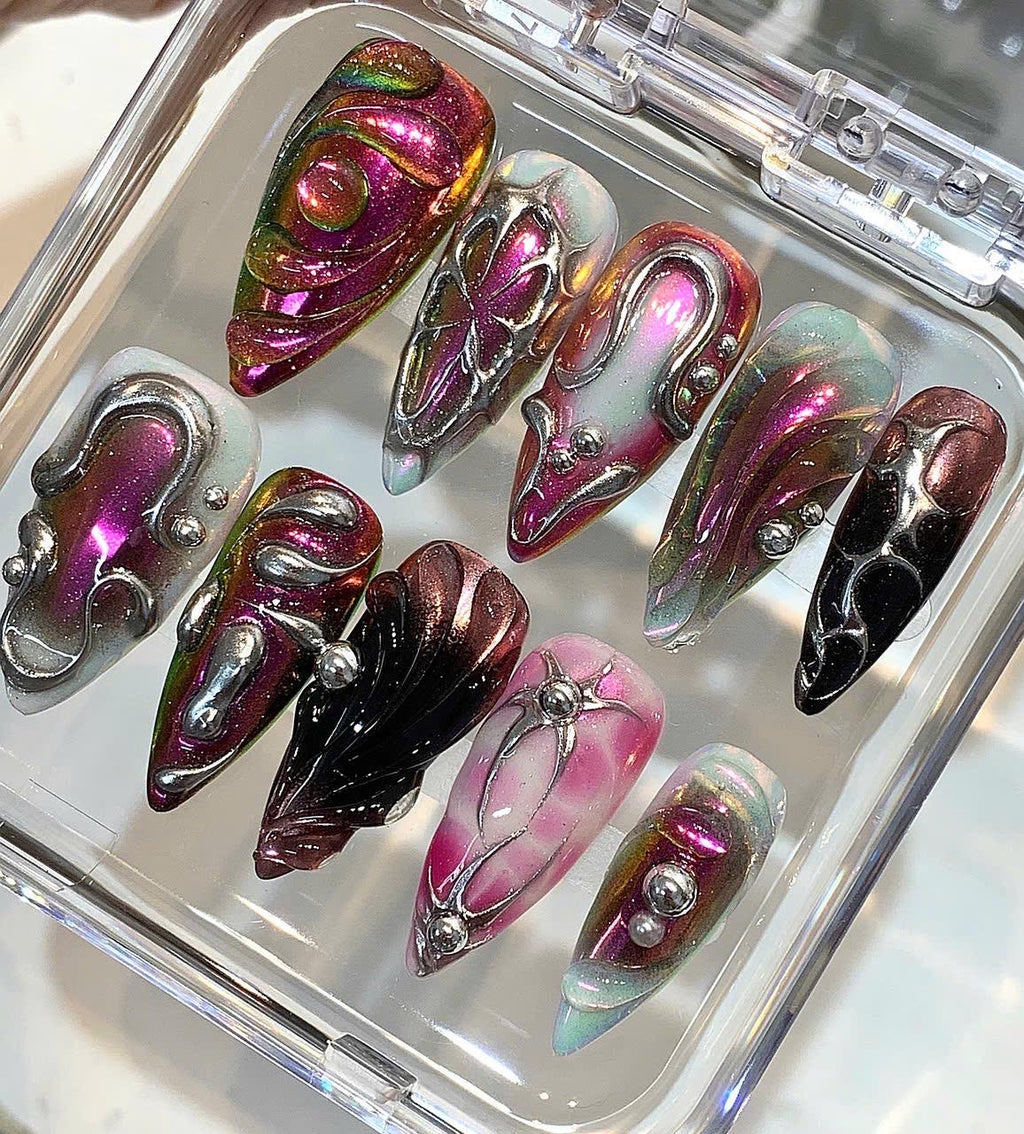 3D Chrome Press On Nails | Metallic Galaxy Aura, Handmade