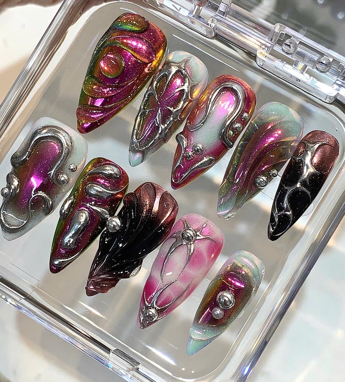 3D Chrome Press On Nails | Metallic Galaxy Aura, Handmade