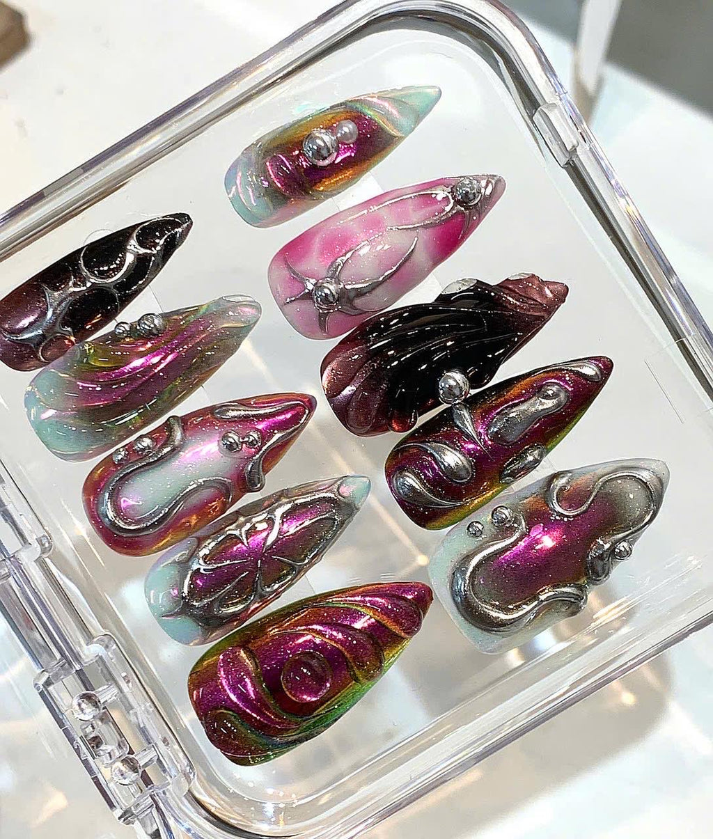 3D Chrome Press On Nails | Metallic Galaxy Aura, Handmade