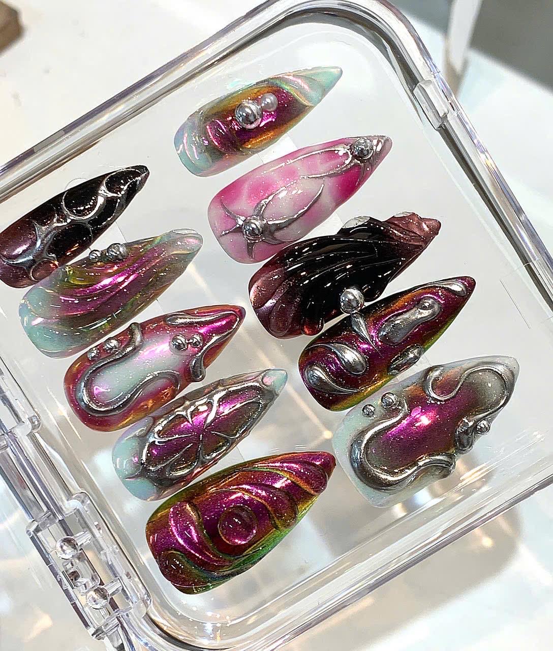 3D Chrome Press On Nails | Metallic Galaxy Aura, Handmade
