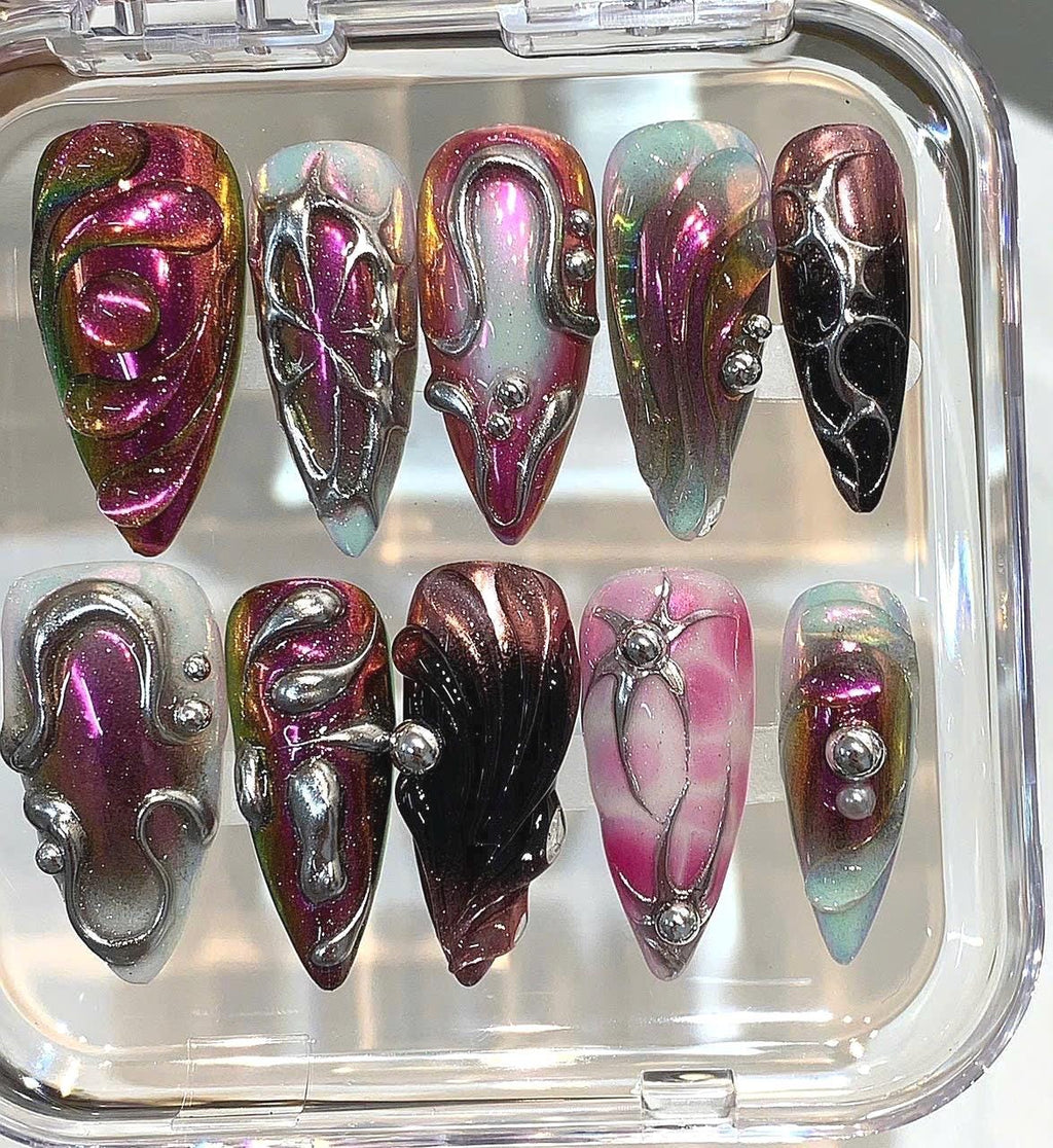3D Chrome Press On Nails | Metallic Galaxy Aura, Handmade