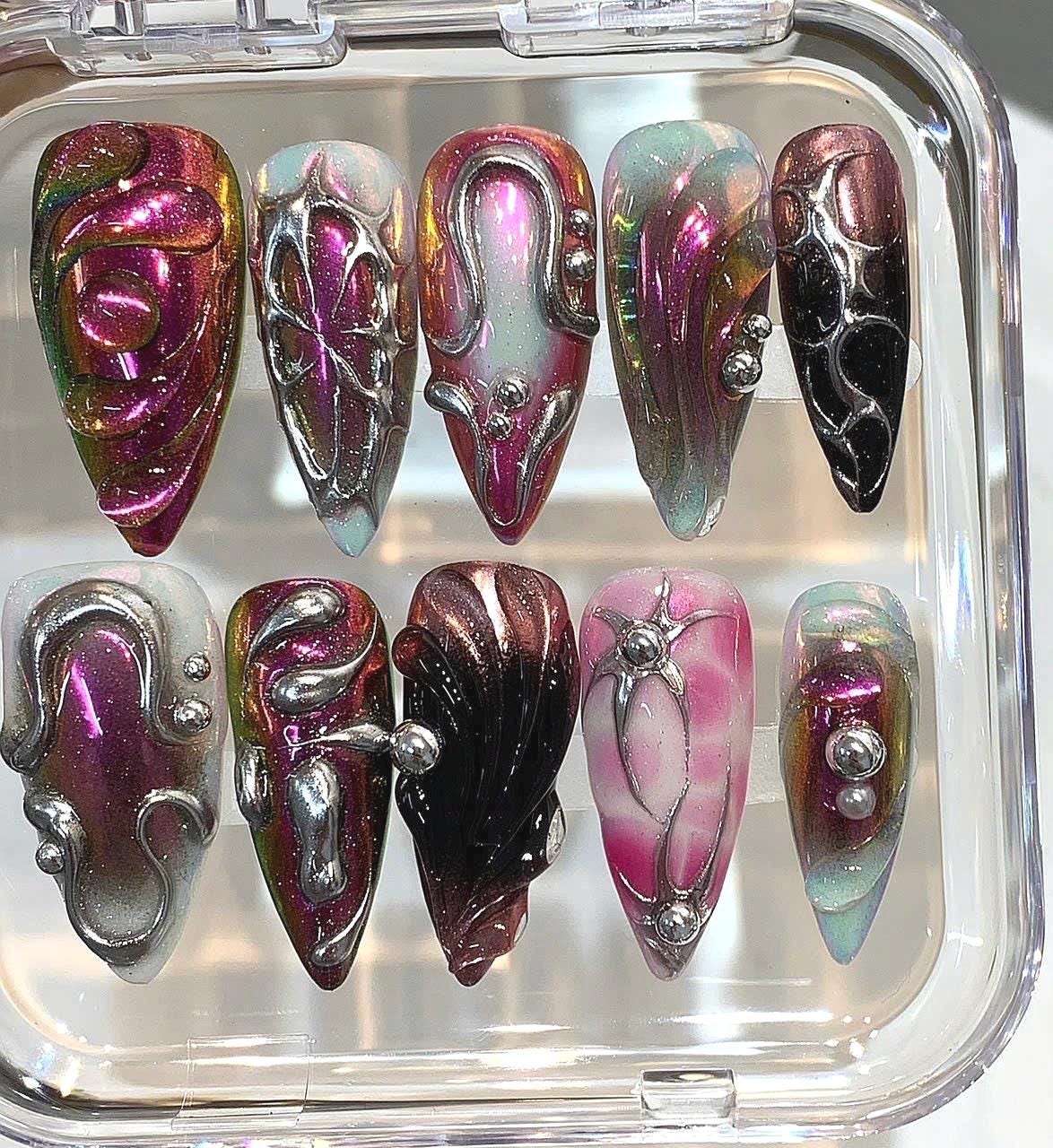 3D Chrome Press On Nails | Metallic Galaxy Aura, Handmade