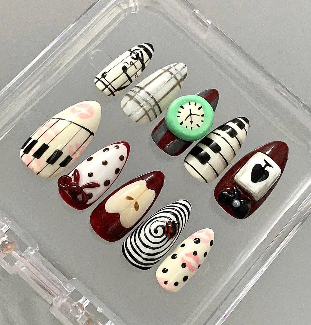 Artistic Press On Nails | Piano, Clock, & Playing Card Designs