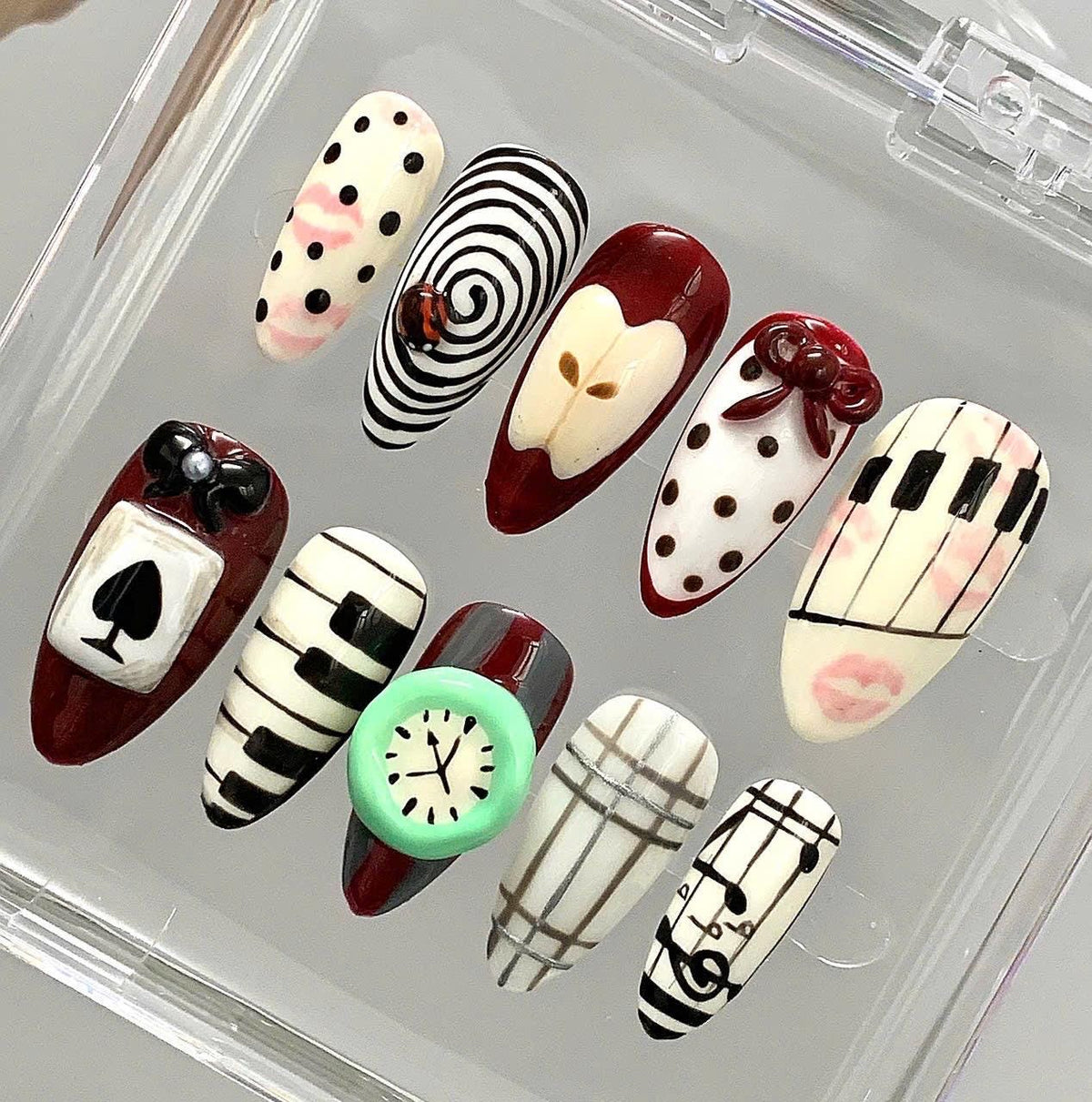 Artistic Press On Nails | Piano, Clock, & Playing Card Designs