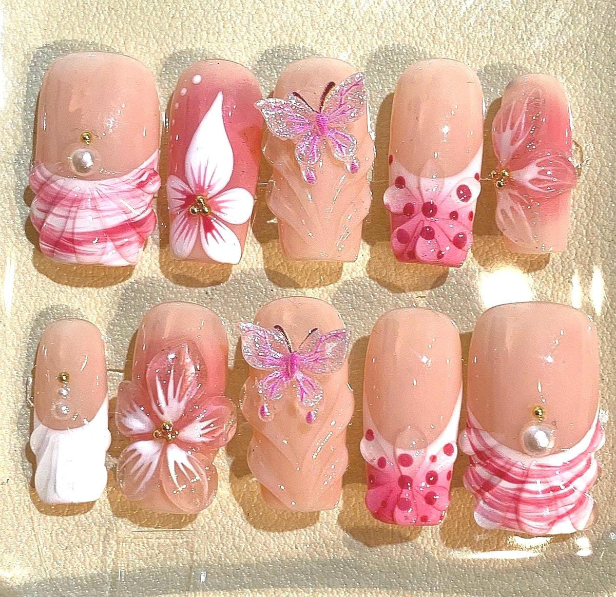 3D Butterfly Press On Nails – Floral Pearl Handmade Nail Art
