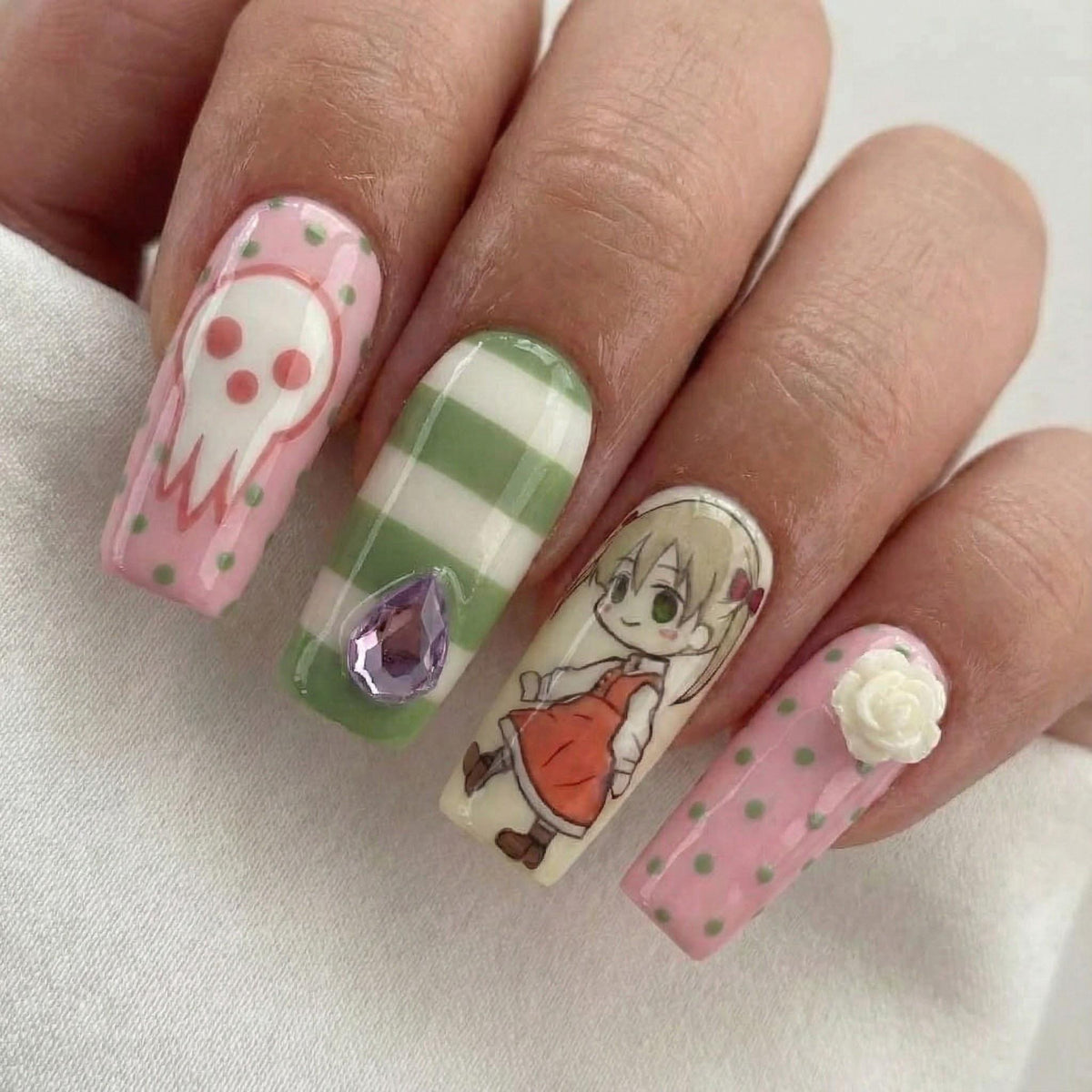 Crona & Maka Anime Press On Nails | Soul Eater Anime Nail Art | Kawaii Horror Nail Design | Long Coffin Statement Nails | JB271H
