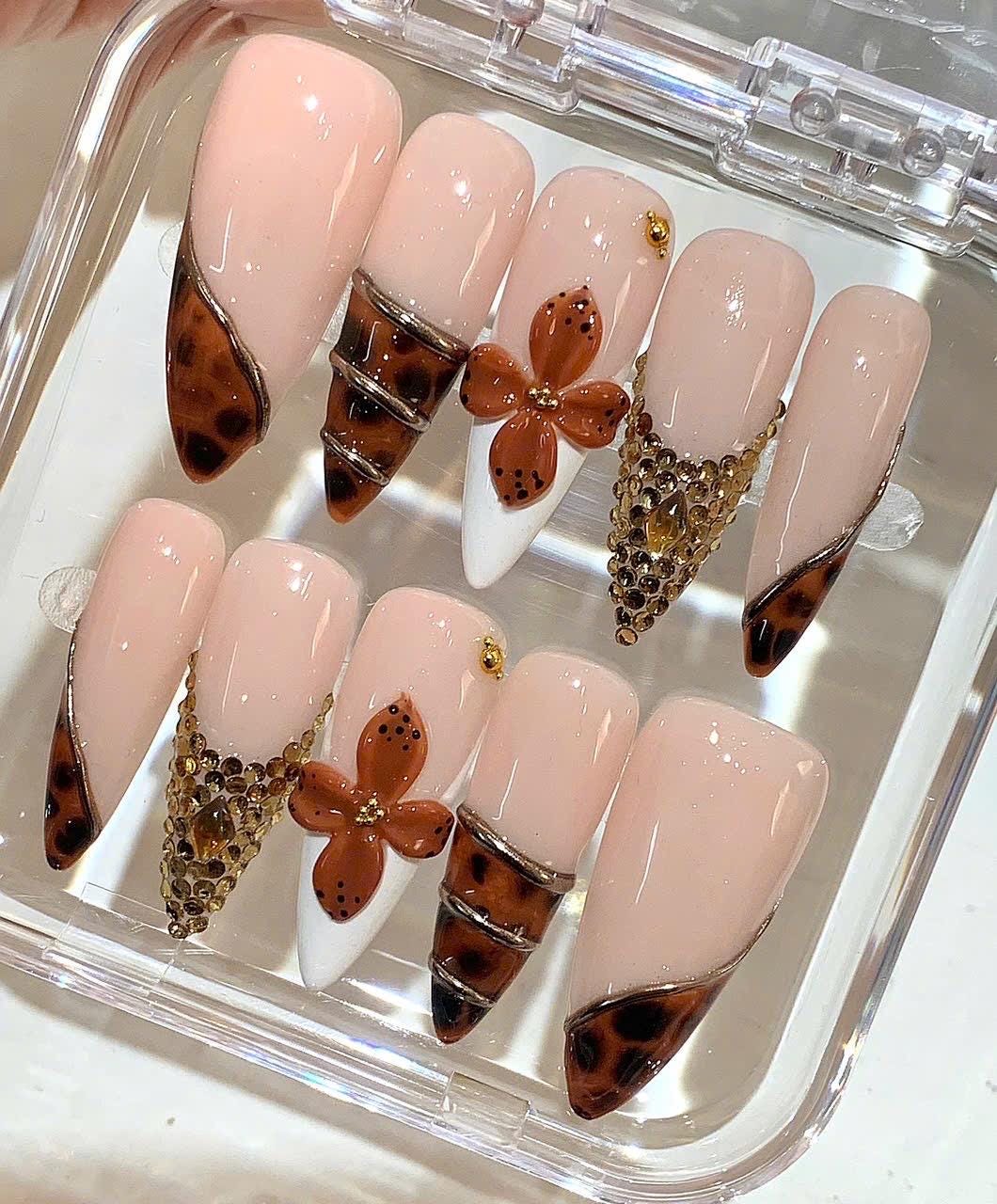Nude Brown Press On Nails | Tortoiseshell Floral Nails | 3D Flower Rhinestone Nails