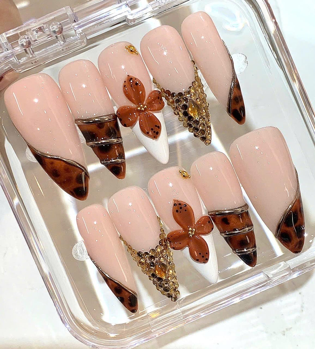 Nude Brown Press On Nails | Tortoiseshell Floral Nails | 3D Flower Rhinestone Nails