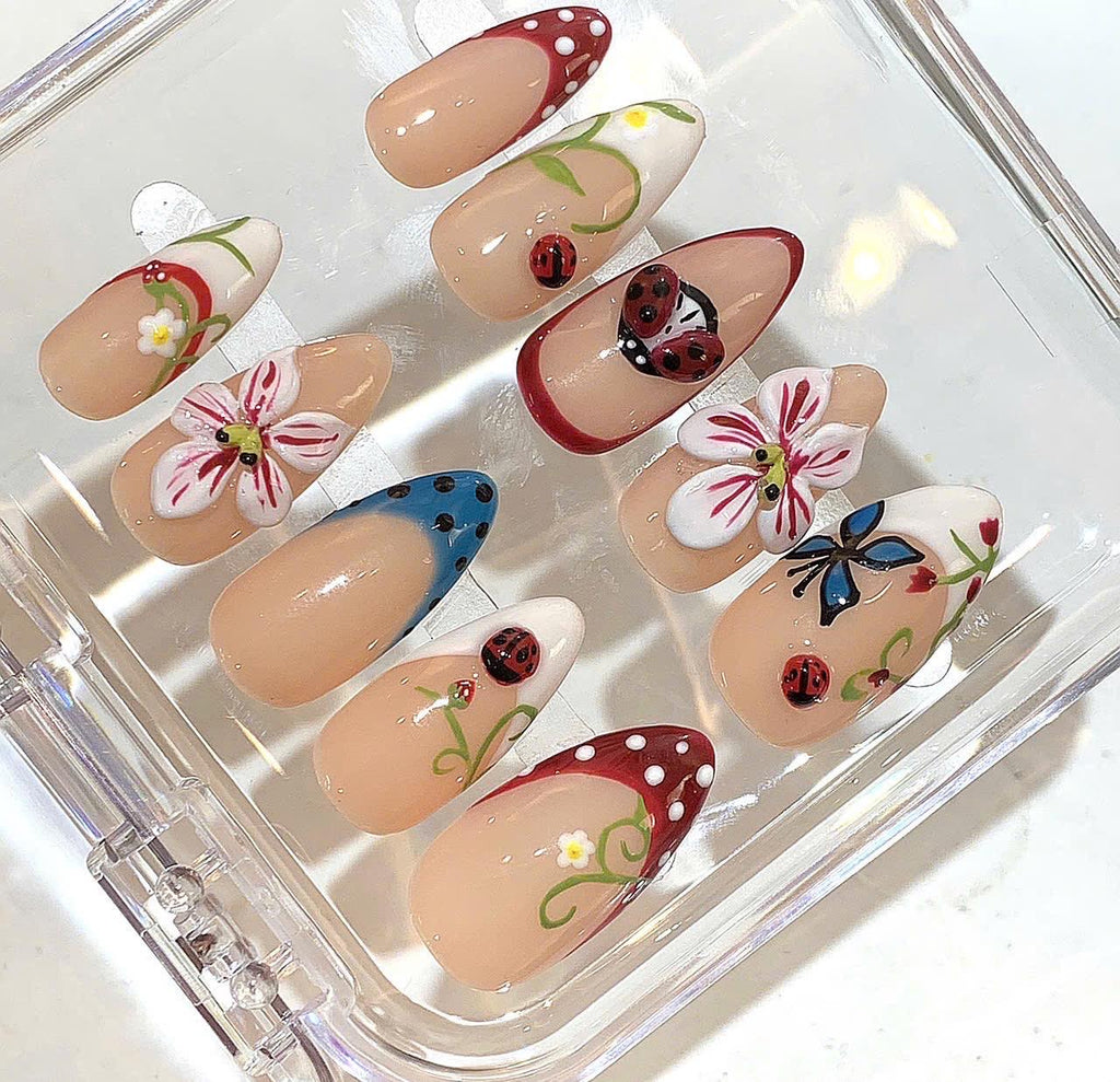 3D Ladybug Press On Nails | Floral Nature Nails | Handmade Nude Press On | Spring Garden Nail Set