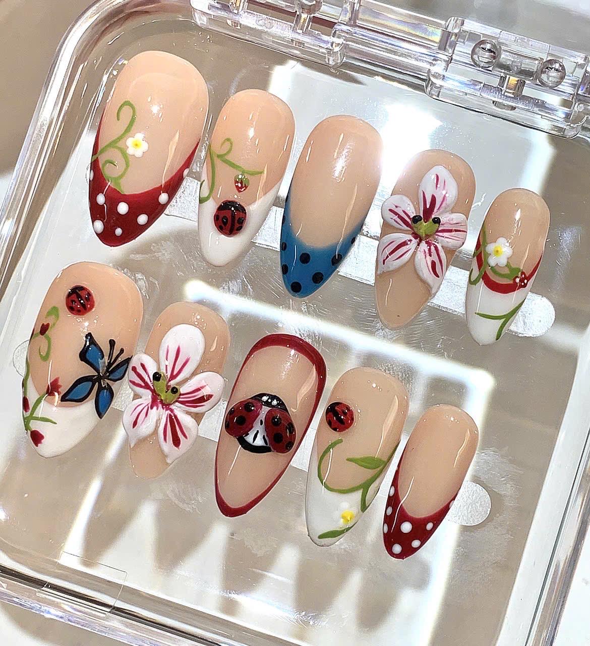 3D Ladybug Press On Nails | Floral Nature Nails | Handmade Nude Press On | Spring Garden Nail Set