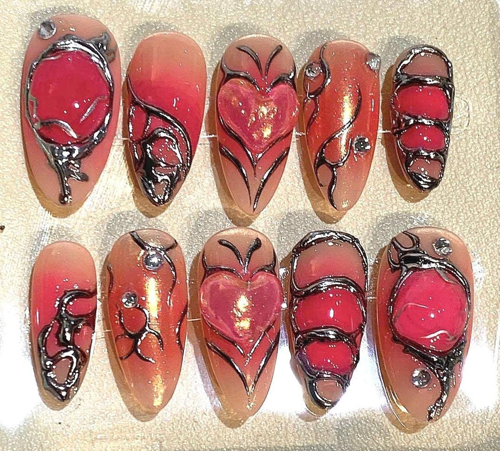 Handmade Gothic Red & Black Stiletto Press On Nails: 3D Nail Art Set