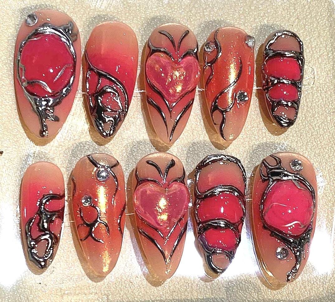 Handmade Gothic Red & Black Stiletto Press On Nails: 3D Nail Art Set