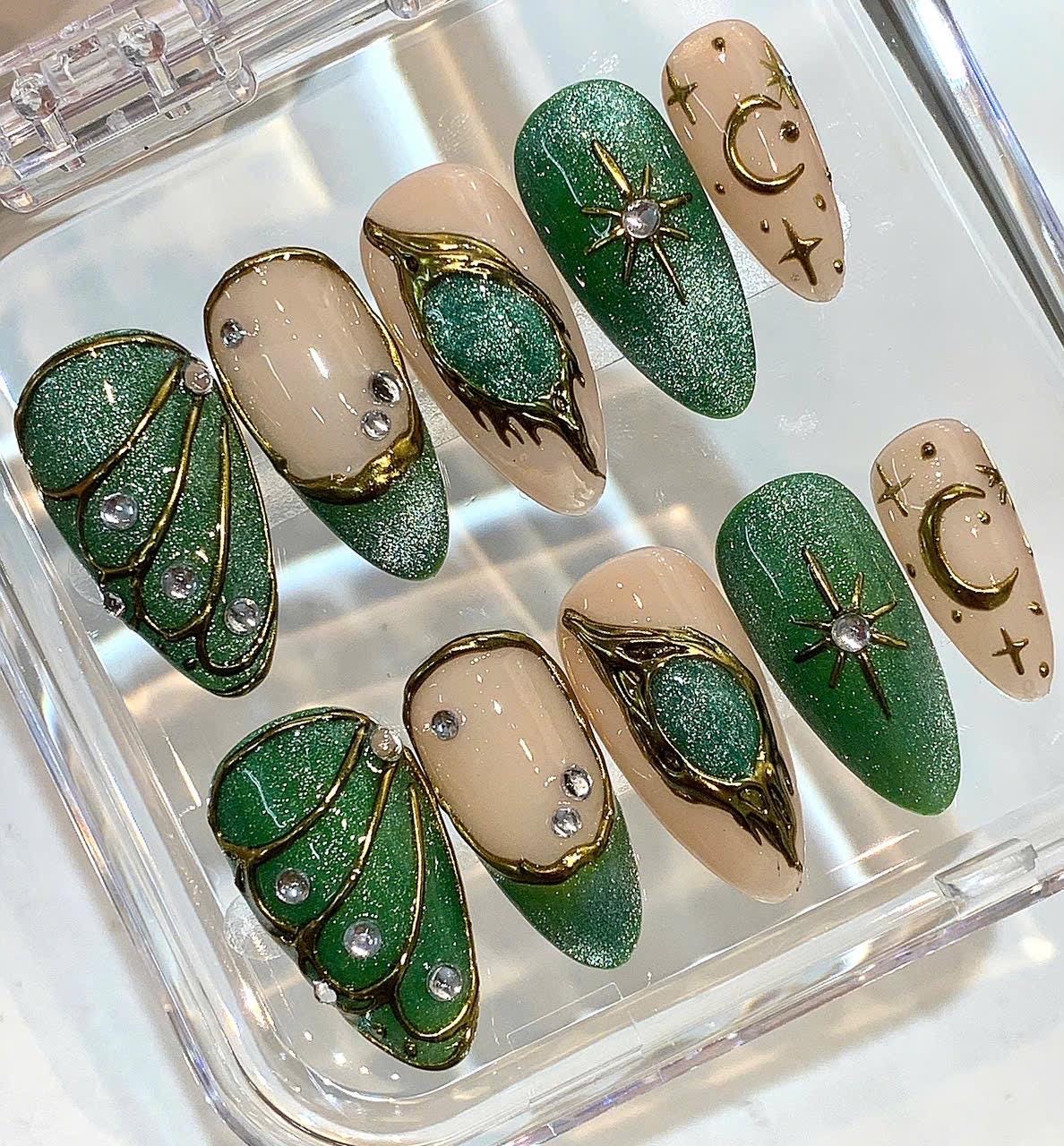 Emerald Glitter Press On Nails | Gold Moon Star Nail Art