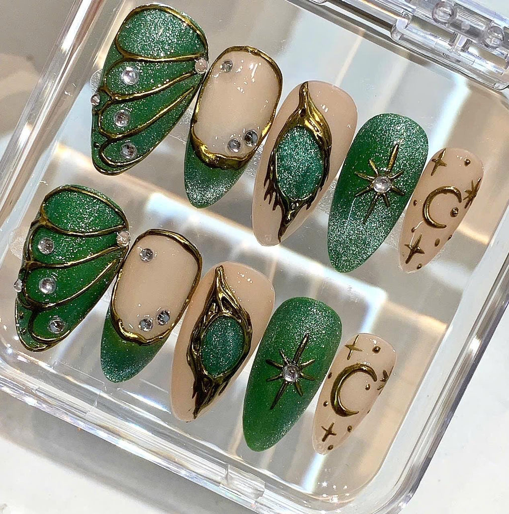 Emerald Glitter Press On Nails | Gold Moon Star Nail Art