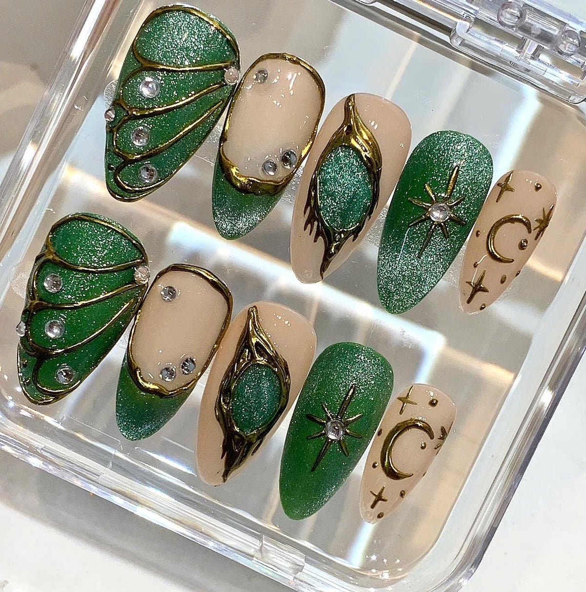 Emerald Glitter Press On Nails | Gold Moon Star Nail Art