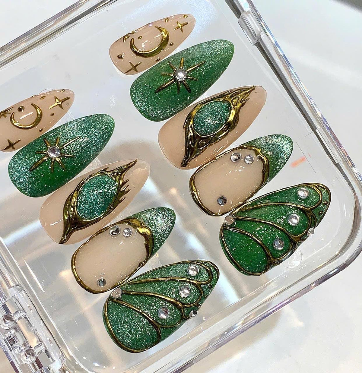 Emerald Glitter Press On Nails | Gold Moon Star Nail Art