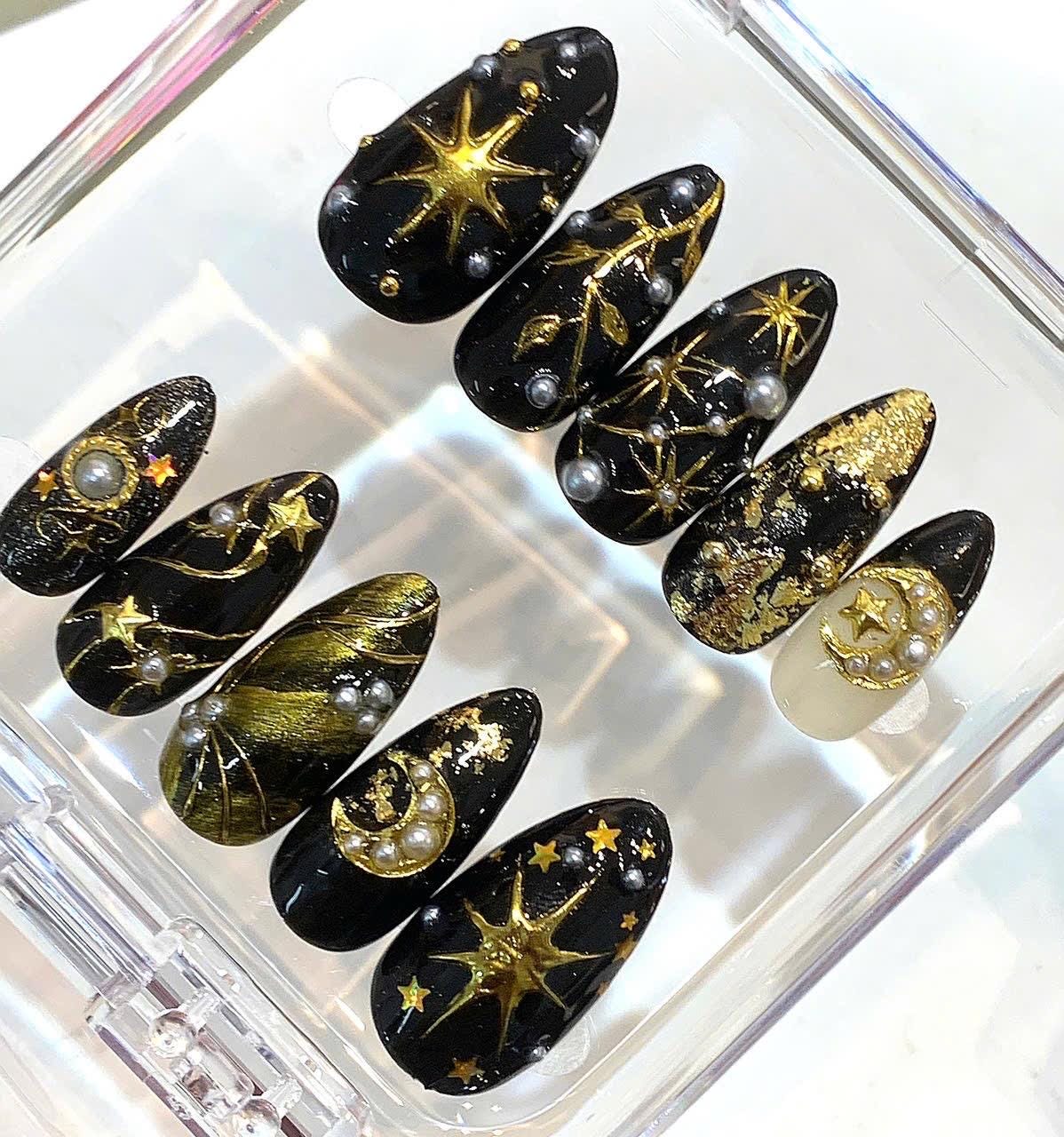 Black Gold Celestial Press On Nails | Pearl Moon Star Handmade Nail Set