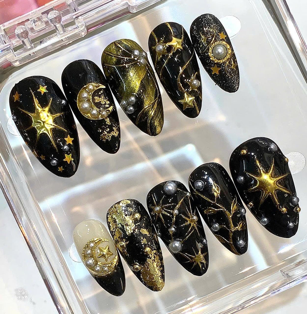 Black Gold Celestial Press On Nails | Pearl Moon Star Handmade Nail Set
