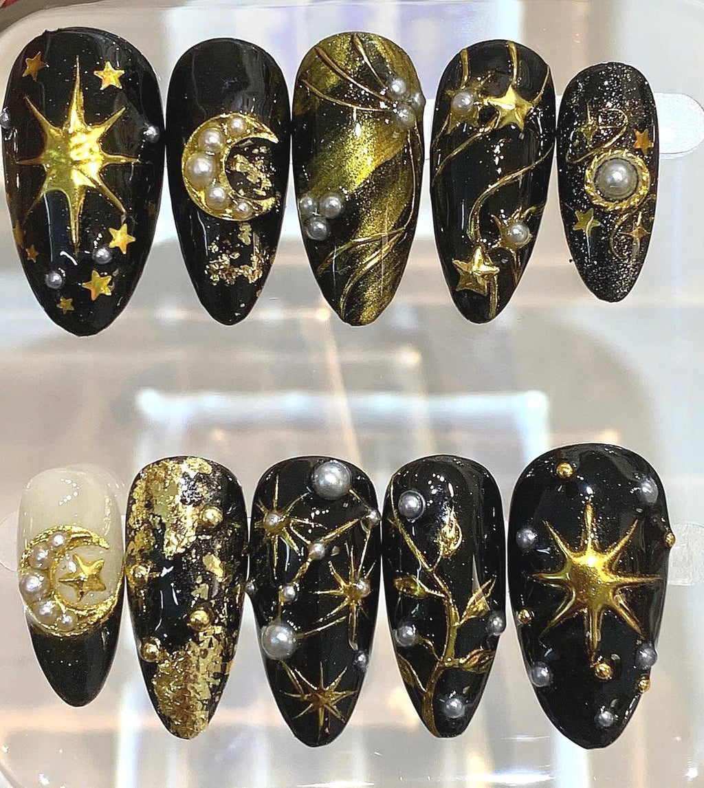 Black Gold Celestial Press On Nails | Pearl Moon Star Handmade Nail Set