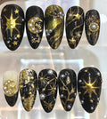 Black Gold Celestial Press On Nails | Pearl Moon Star Handmade Nail Set