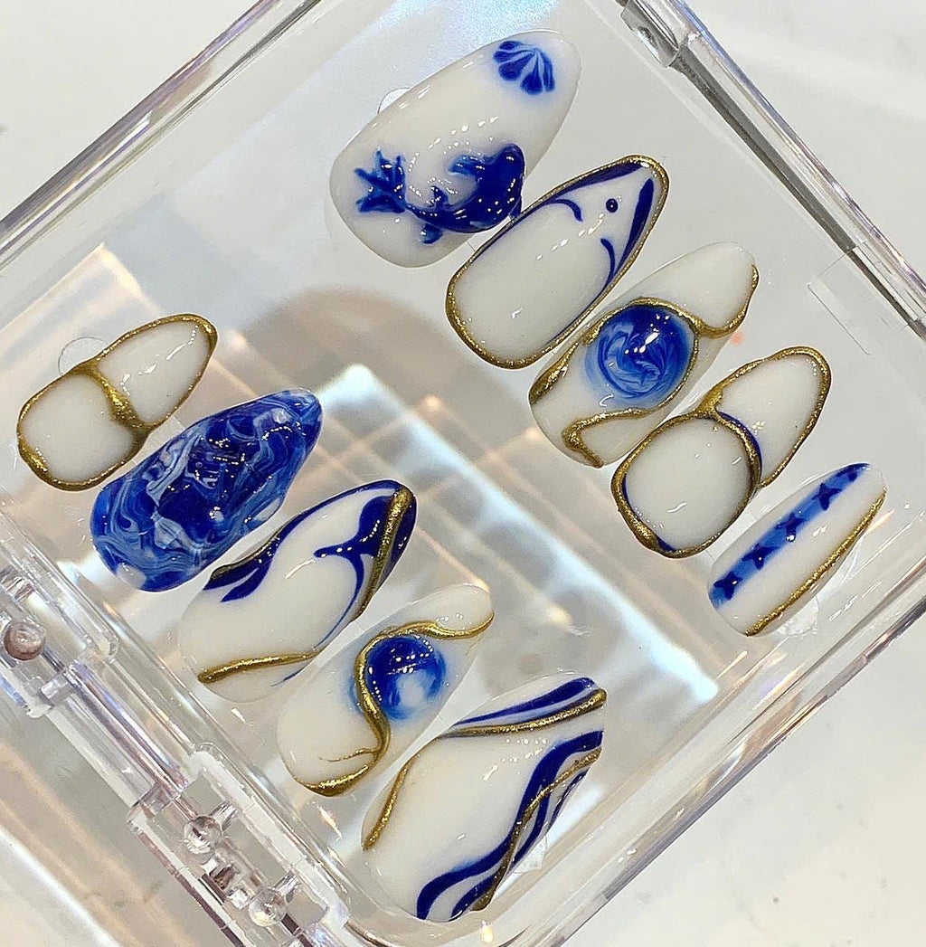 Blue White Porcelain Press On Nails | Gold Outline Abstract Nails | Luxury Handmade Nail Set