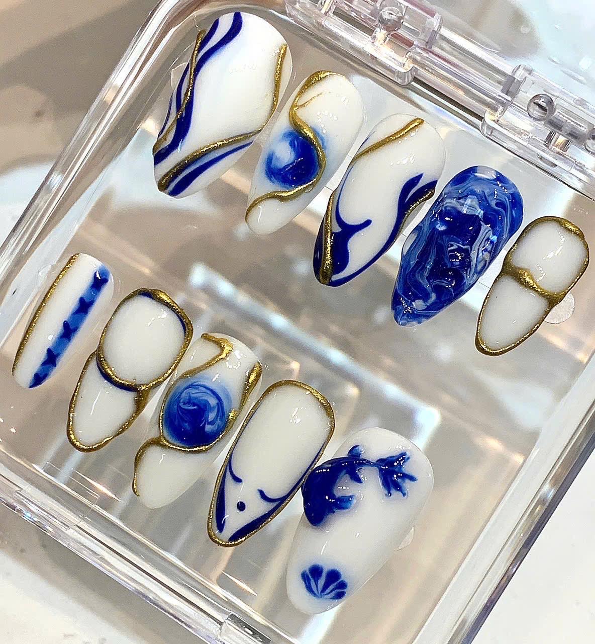Blue White Porcelain Press On Nails | Gold Outline Abstract Nails | Luxury Handmade Nail Set