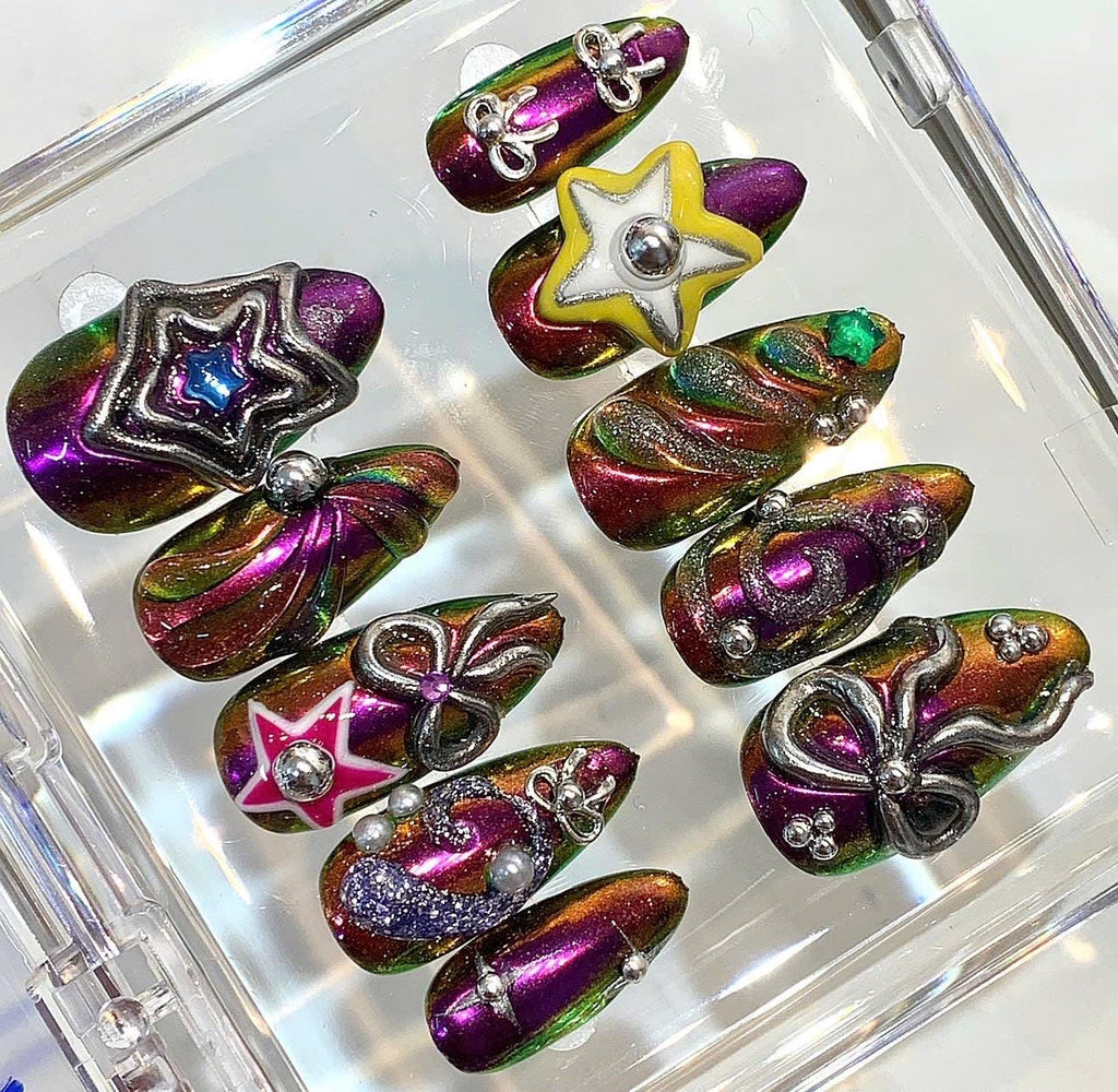 Rainbow Chrome Press On Nails | Y2K Star Bow Statement Nail Set