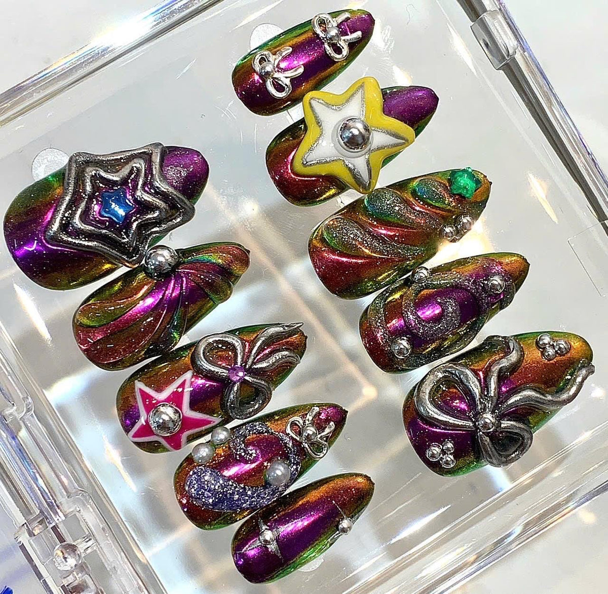 Rainbow Chrome Press On Nails | Y2K Star Bow Statement Nail Set
