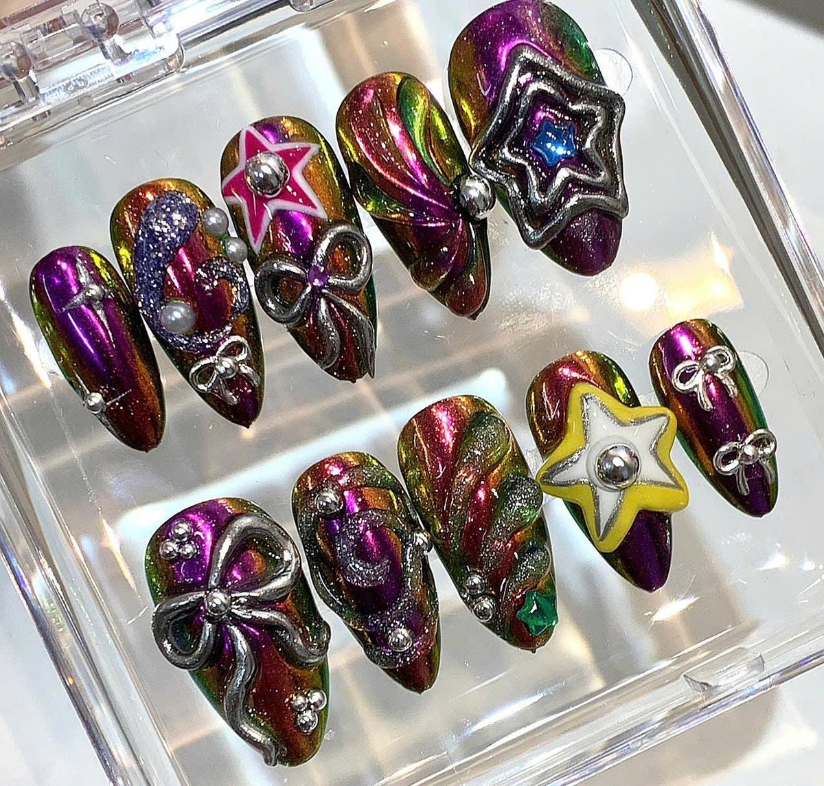 Rainbow Chrome Press On Nails | Y2K Star Bow Statement Nail Set