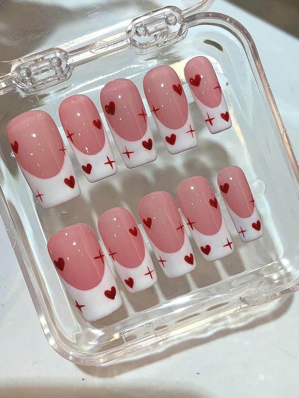 Heart French Tip Press On Nails: Pink & White Valentine's Day Coffin Set