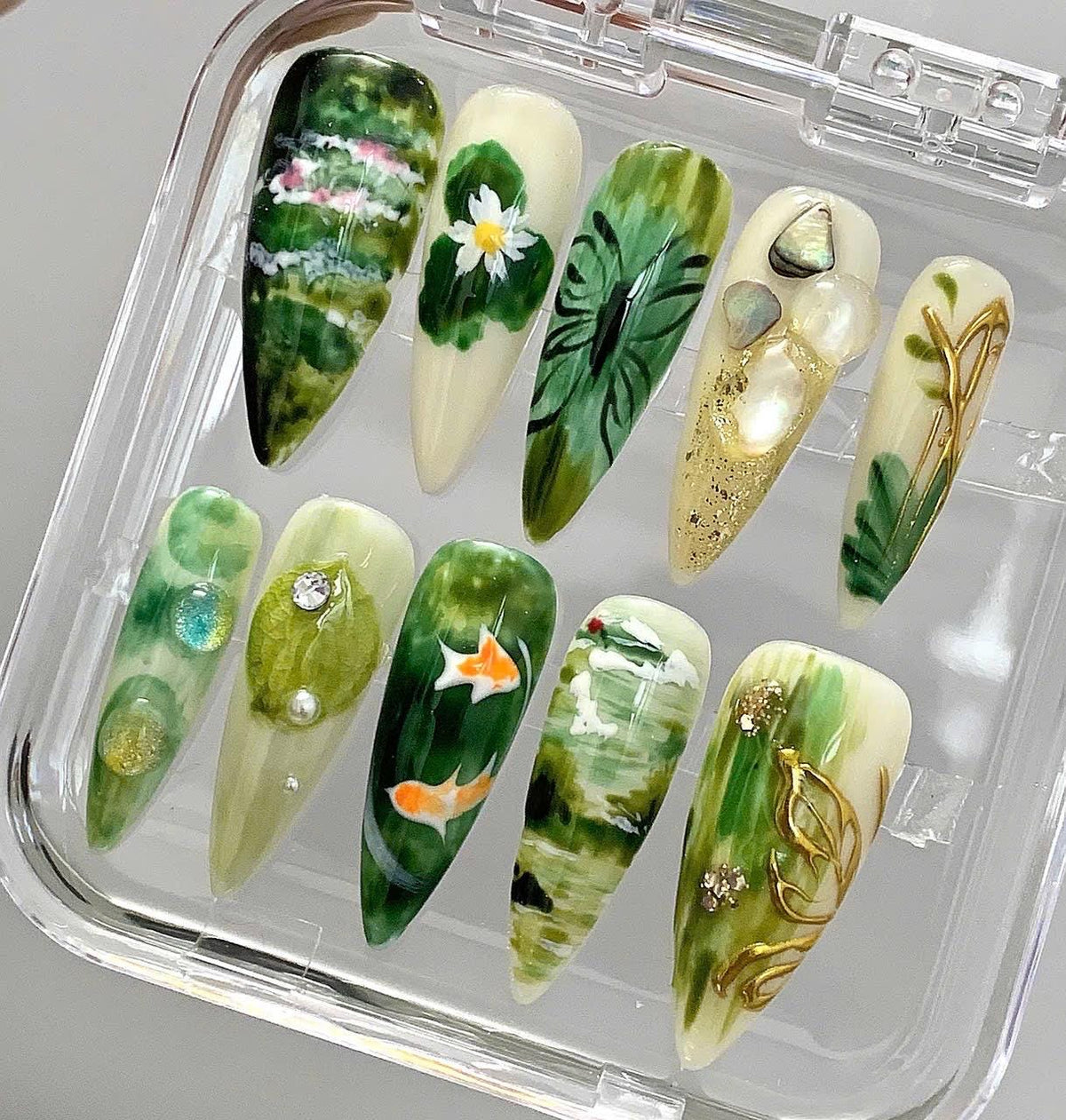Hand Painted Press On Nails - Green Nature, Koi Fish, Lotus Pond - Custom False Nails