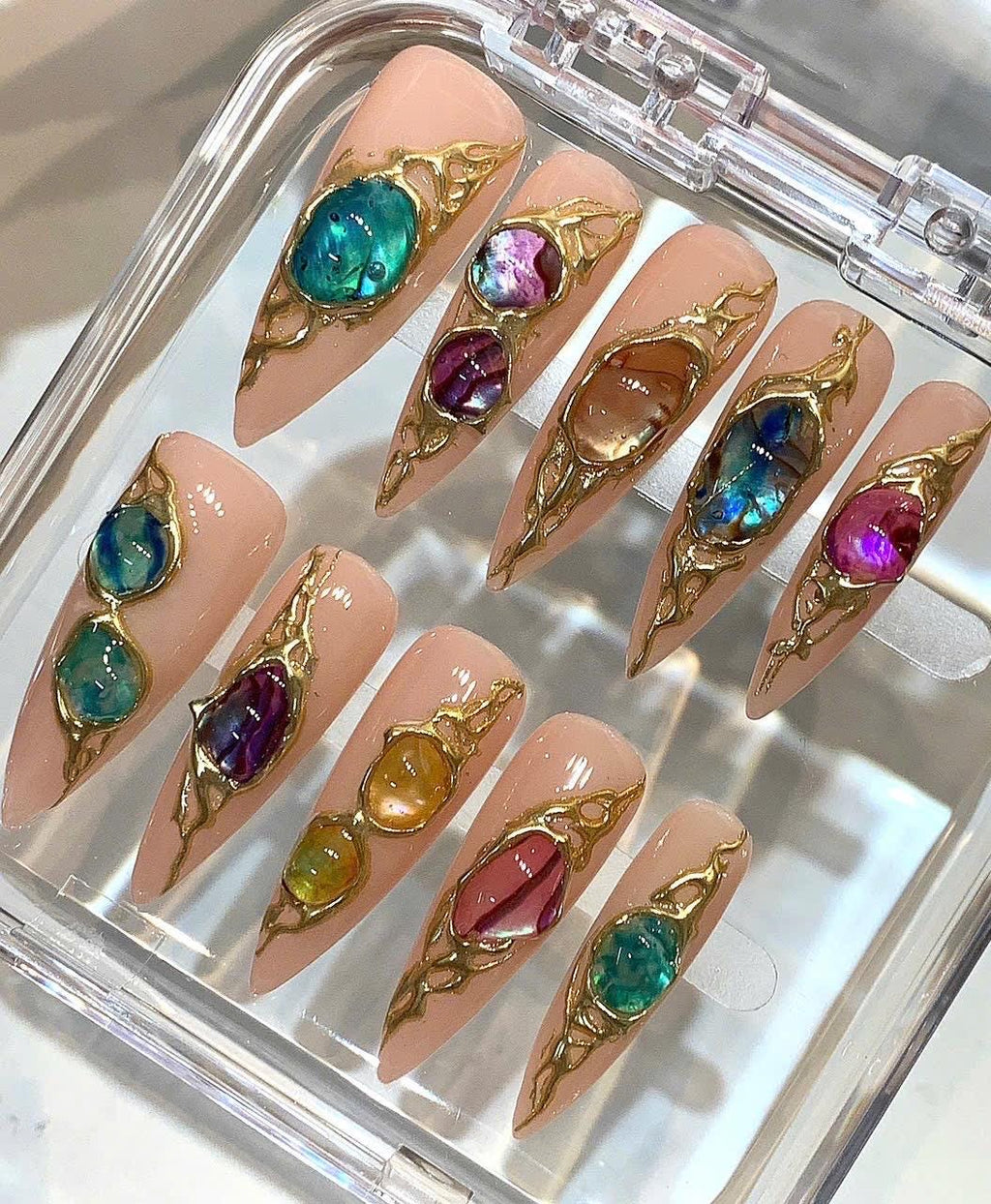 Opal Gem Press On Nails | Gold Frame Nude Nails | Luxury Crystal Handmade Nail Set