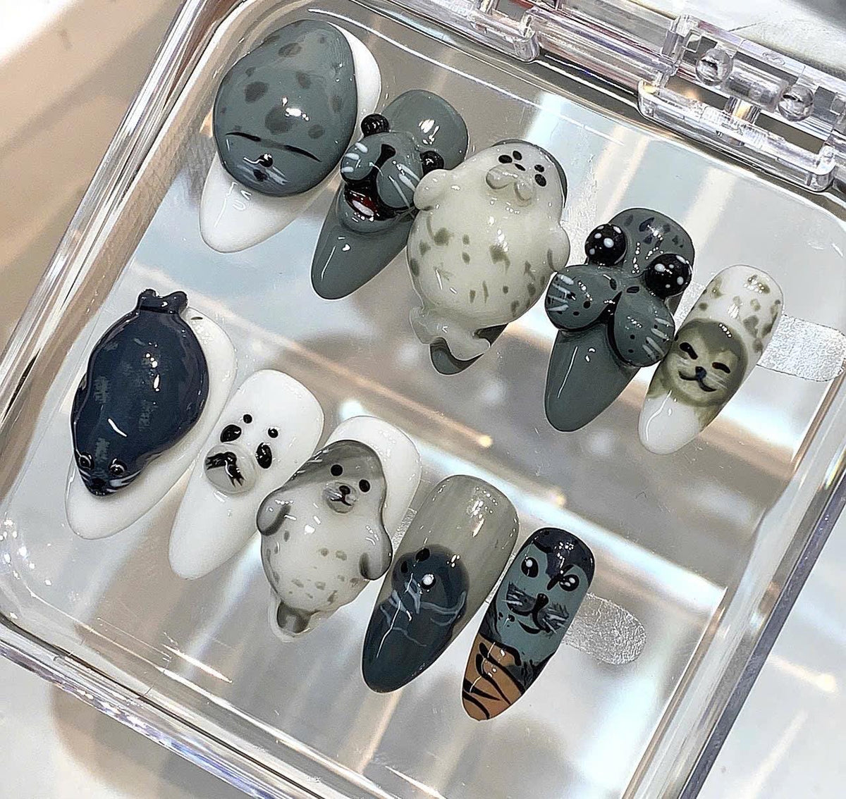3D Seal Press On Nails, Kawaii Marine Animal Art, Handmade False Nails Set