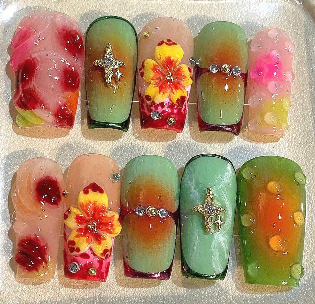 Tropical Hibiscus Press On Nails: 3D Flower Beach Nail Art