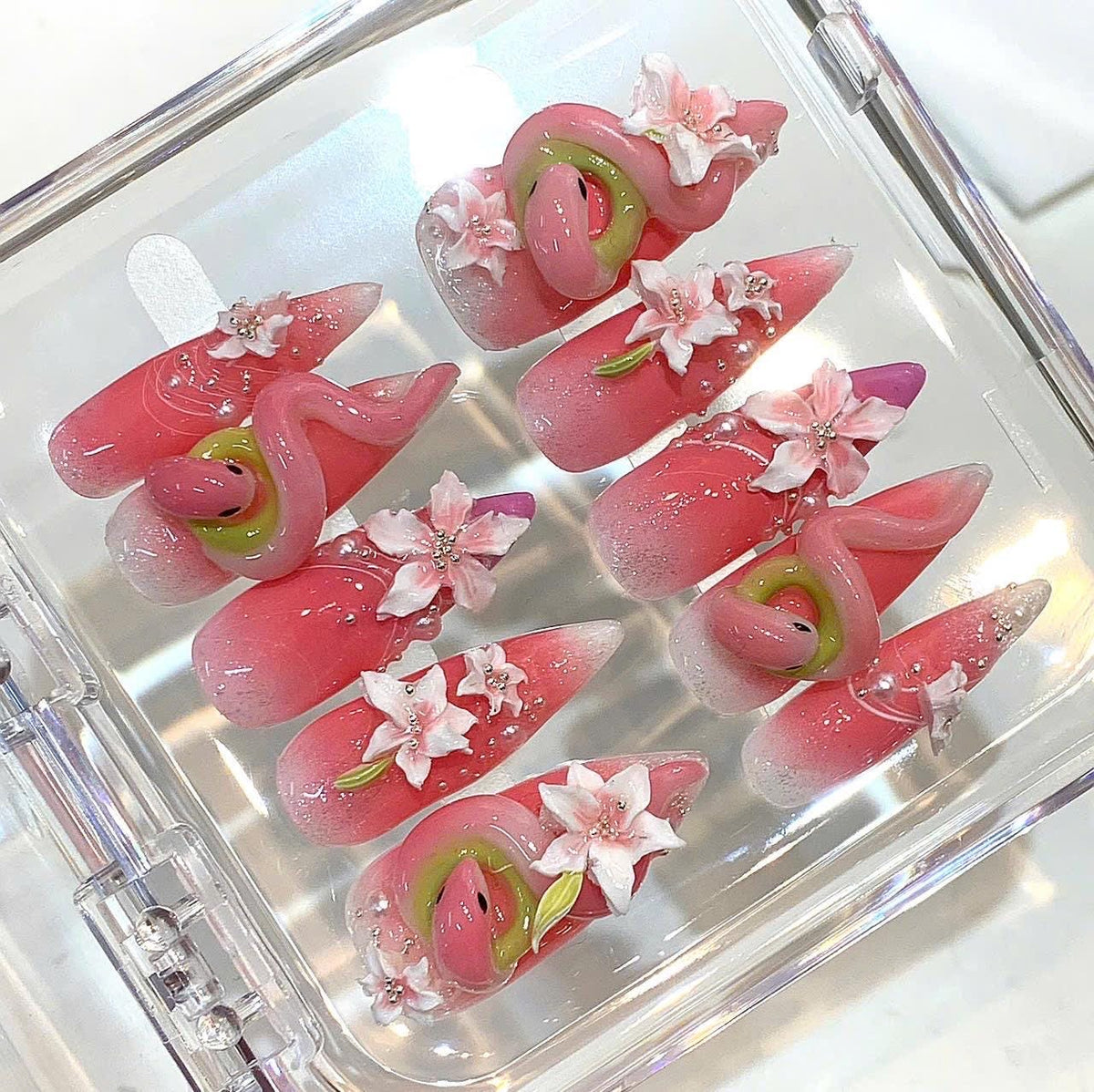 Pink Snake Press On Nails - 3D Floral Ombre, Pearls & Glitter