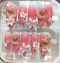 Pink Snake Press On Nails - 3D Floral Ombre, Pearls & Glitter