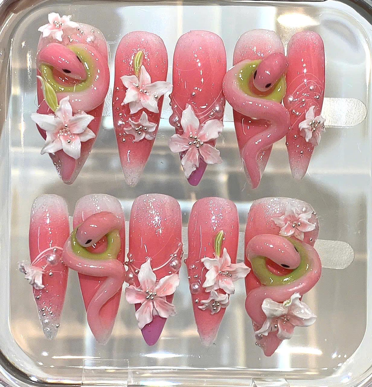 Pink Snake Press On Nails - 3D Floral Ombre, Pearls & Glitter