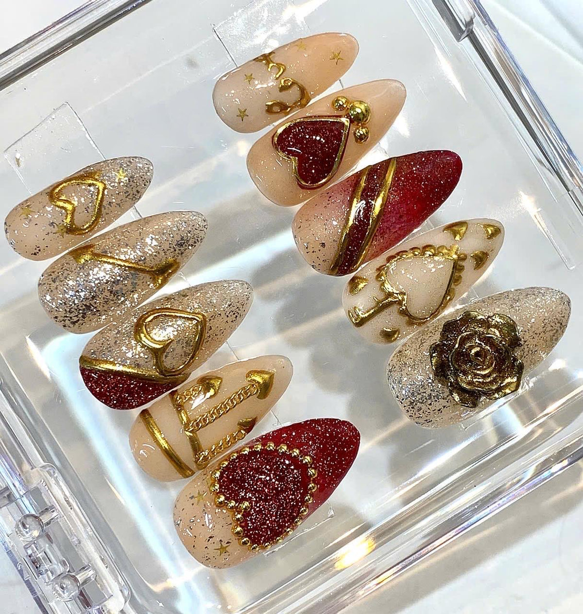 Valentine Press On Nails | Red Heart Nude Nails | Luxury Handmade Nail Set