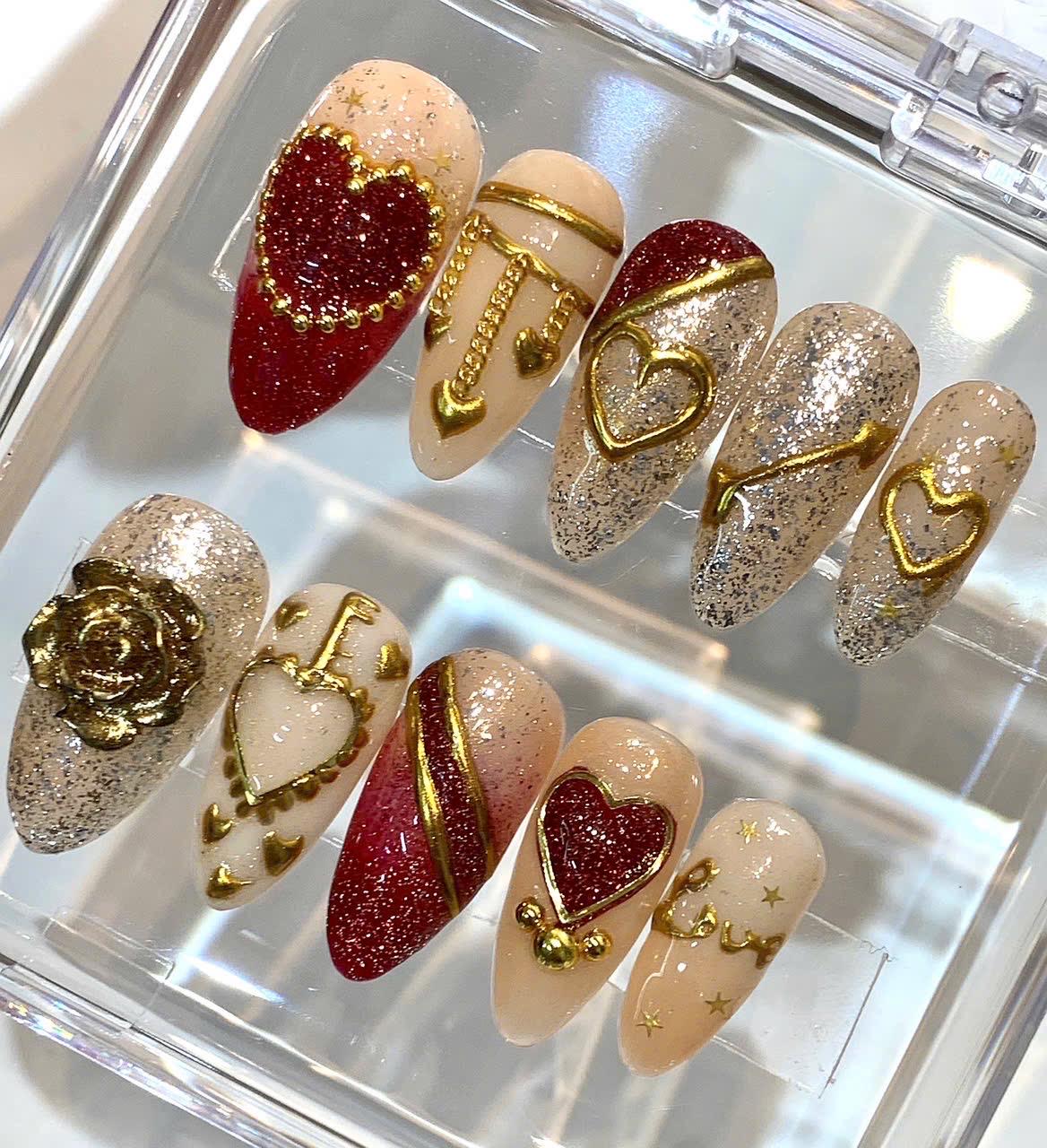 Valentine Press On Nails | Red Heart Nude Nails | Luxury Handmade Nail Set