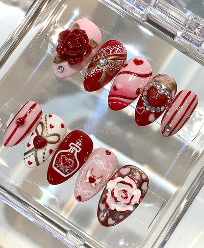 Valentine Press On Nails | Red Pink Heart Nails | Luxury Handmade Nail Set
