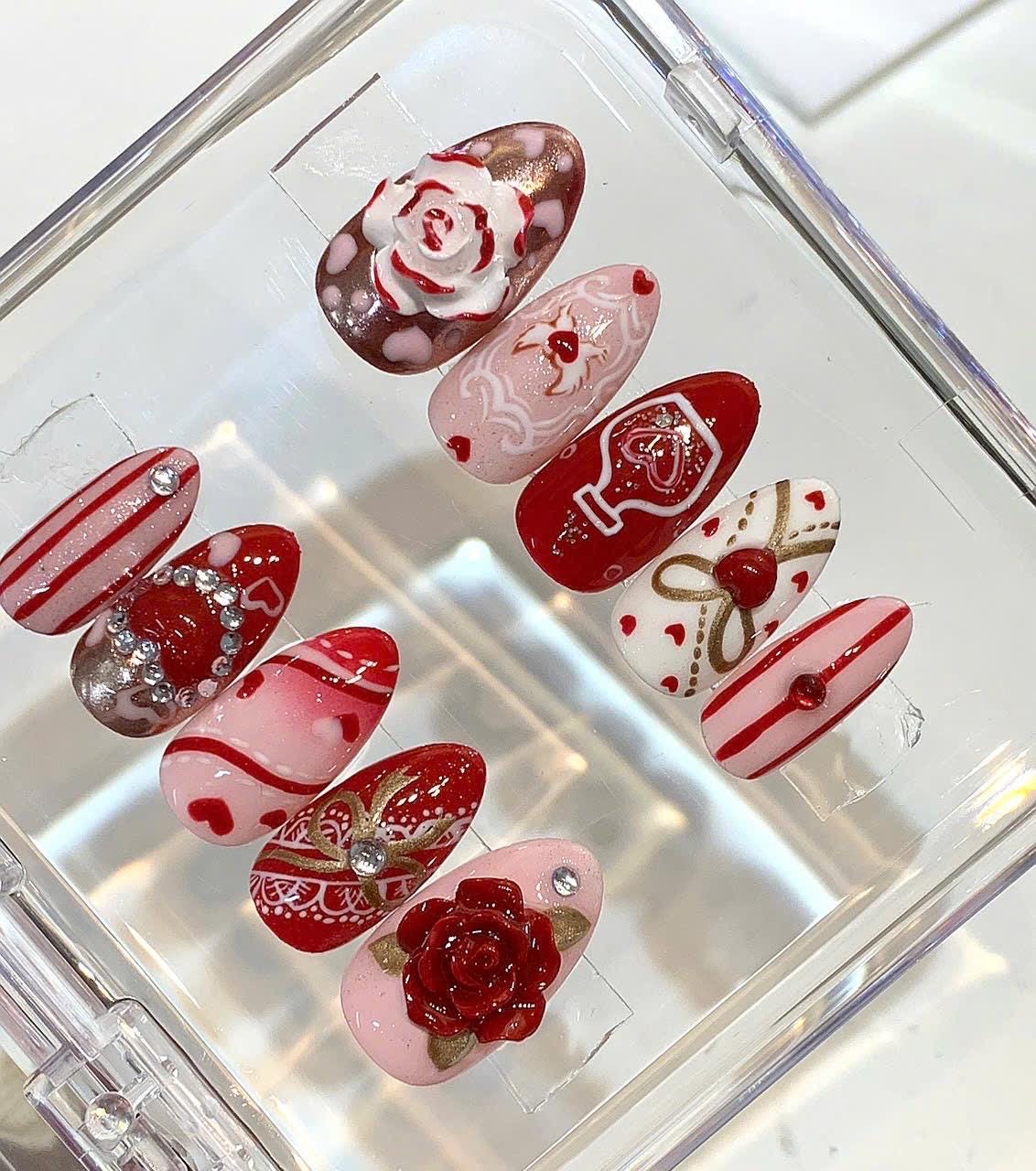 Valentine Press On Nails | Red Pink Heart Nails | Luxury Handmade Nail Set
